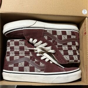 Vans Men's Maroon and White Checkered High-Tops Men’s 5/Wmns 6.5